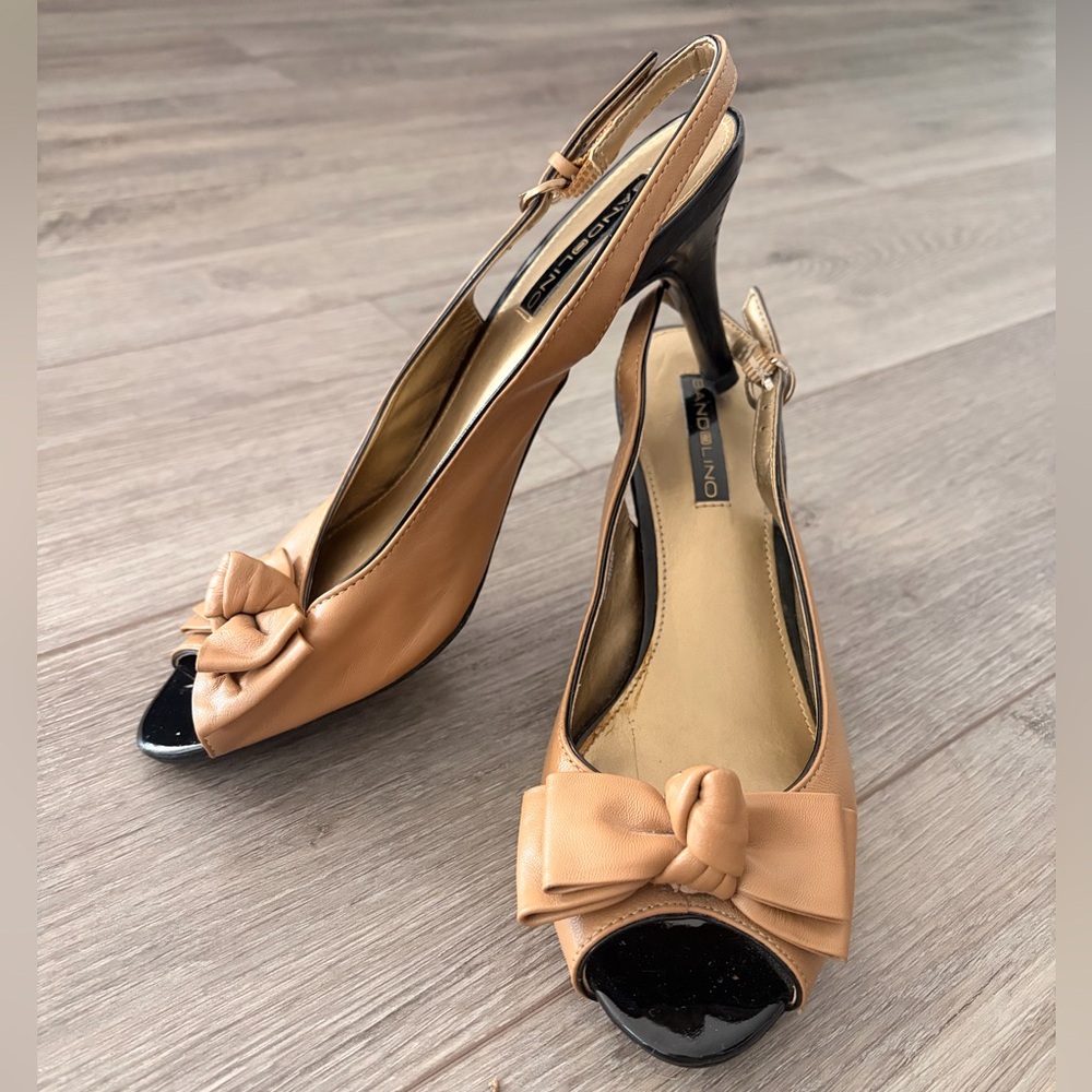 Tan Leather Bow Peep-Toe Slingback Heels